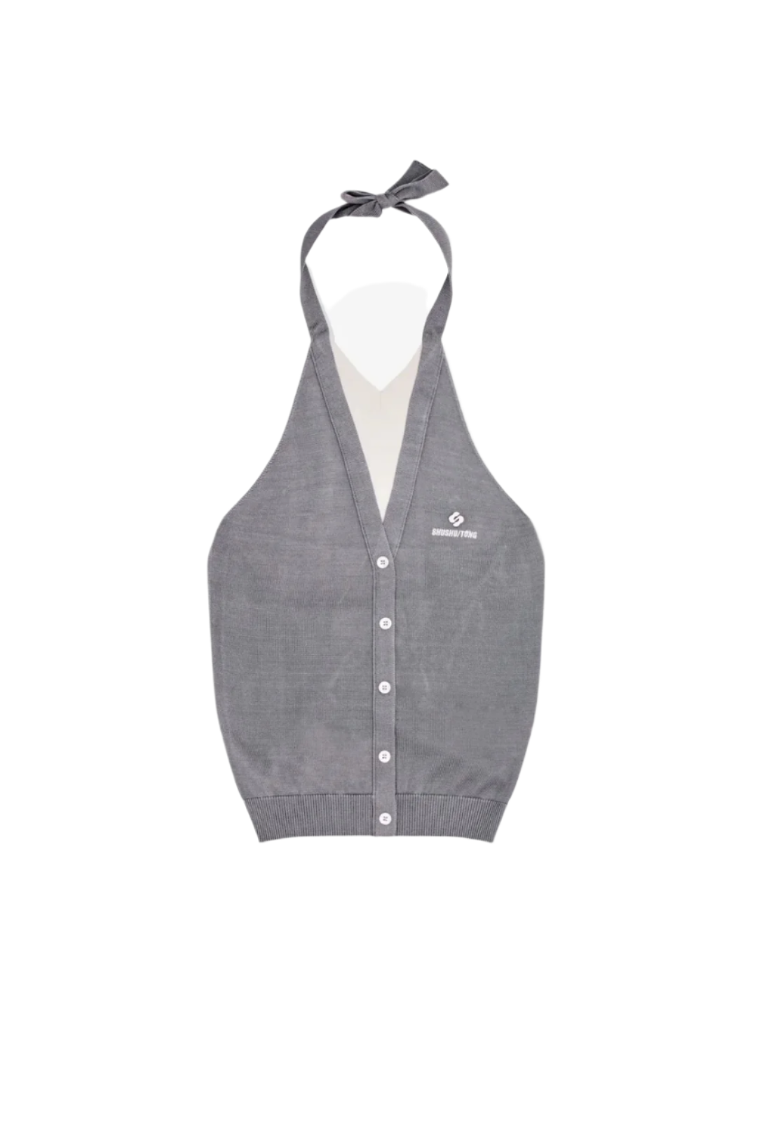 SHUSHU/TONG PATCHWORK HALTER-NECK KNIT TOP_GREY