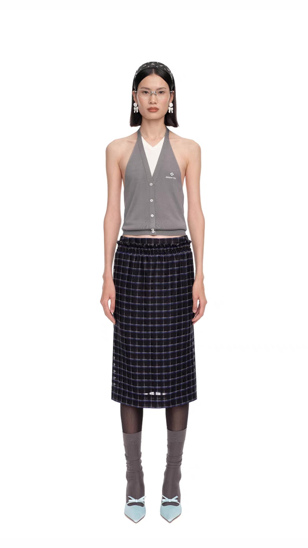 SHUSHU/TONG PATCHWORK HALTER-NECK KNIT TOP_GREY