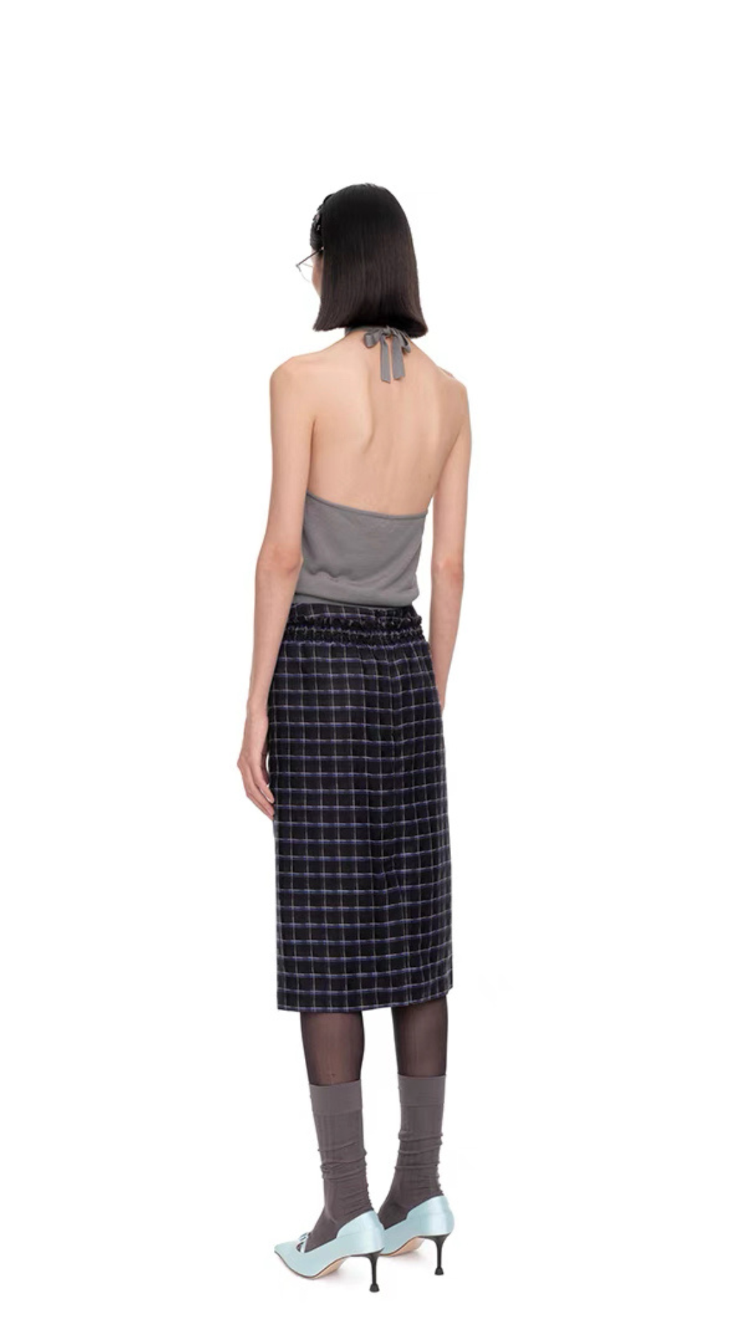 SHUSHU/TONG PATCHWORK HALTER-NECK KNIT TOP_GREY