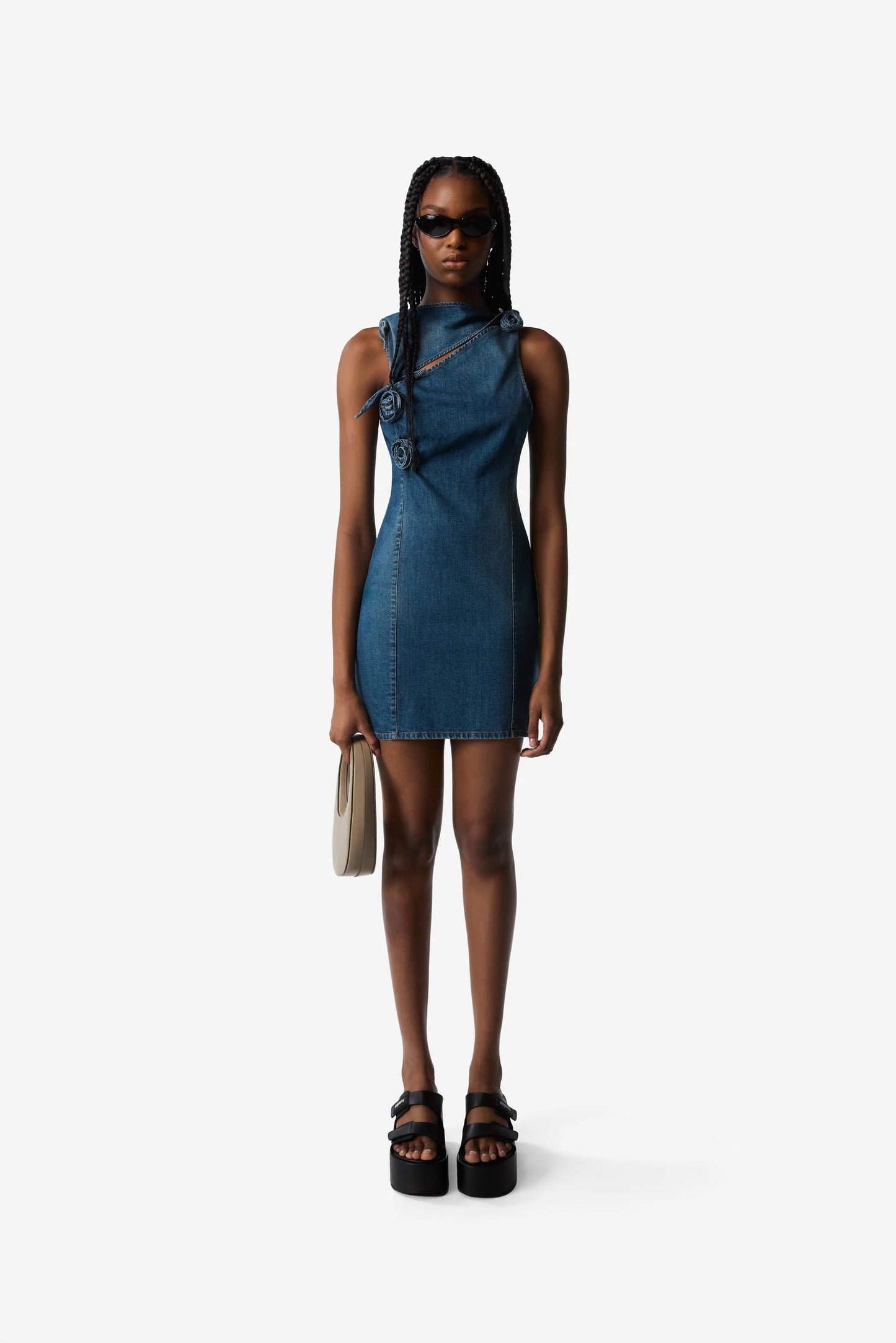 COPERNI WOVEN DENIM ASYMMETRIC FLOWER MINI DRESS