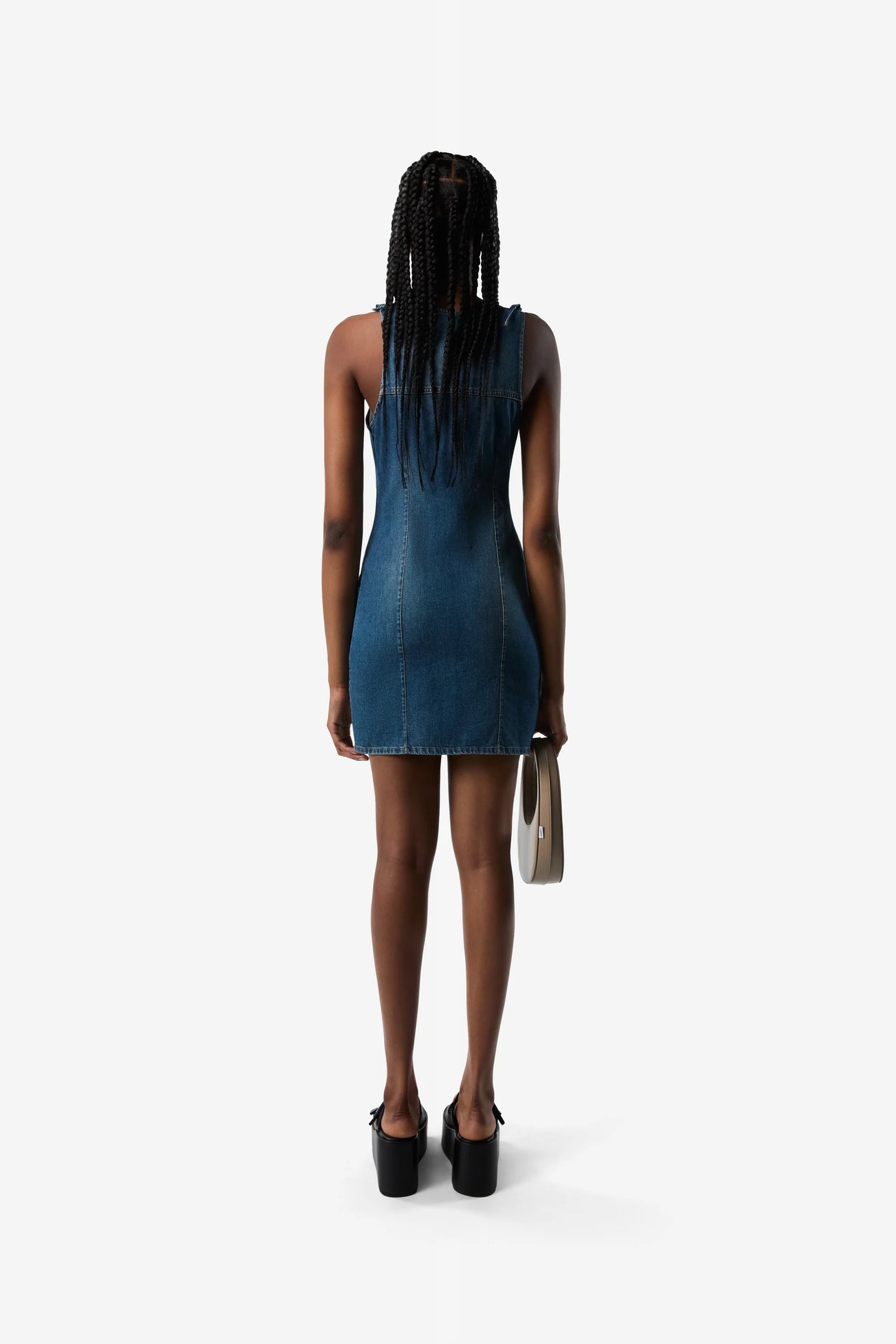 COPERNI WOVEN DENIM ASYMMETRIC FLOWER MINI DRESS