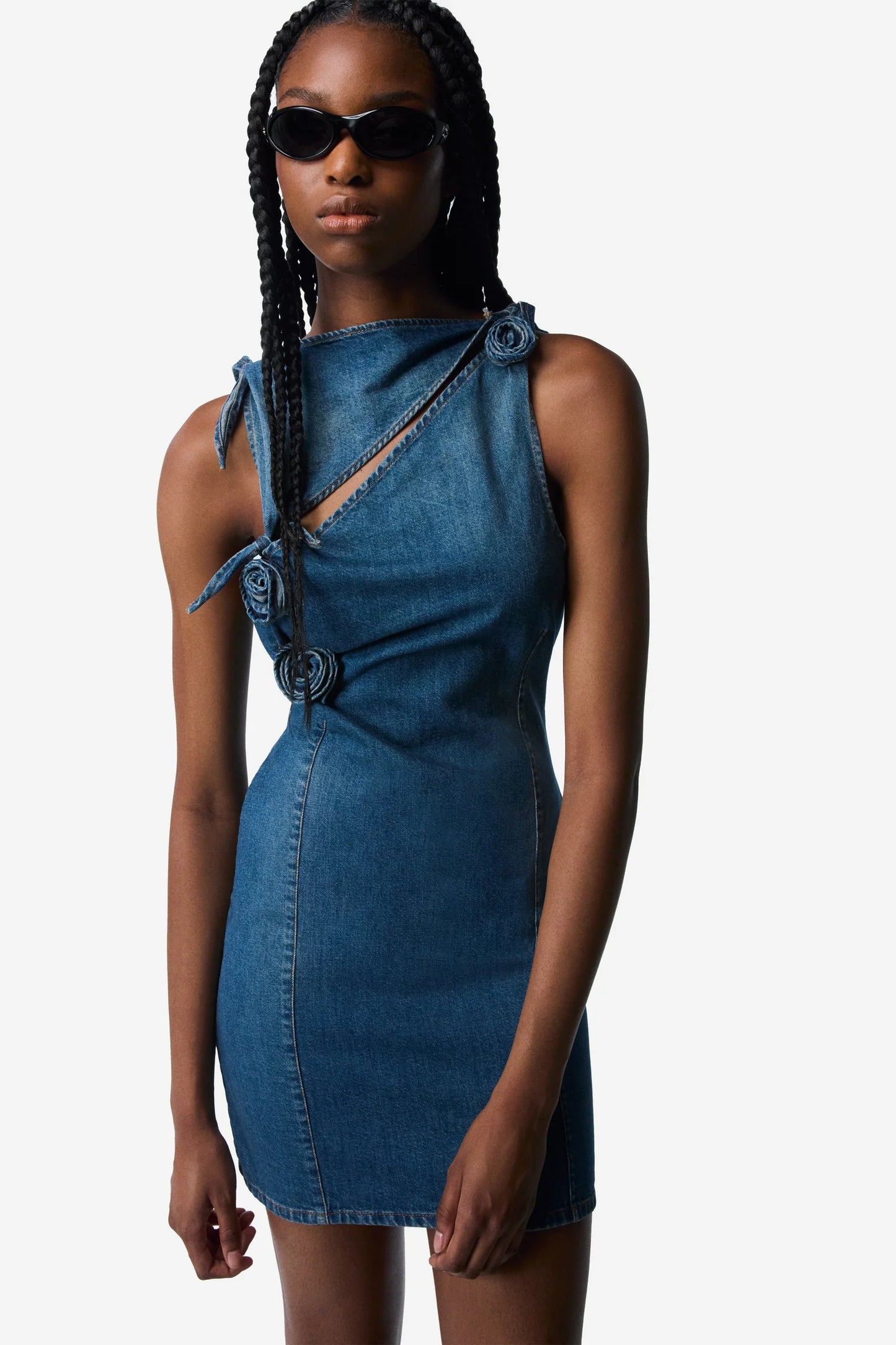 COPERNI WOVEN DENIM ASYMMETRIC FLOWER MINI DRESS