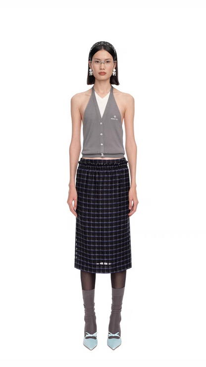 SHUSHU/TONG PATCHWORK HALTER-NECK KNIT TOP_GREY