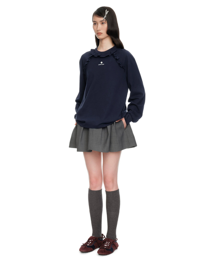SHUSHU/TONG RUFFLE TRIM COTTON LONG SLEEVE TOP_NAVY