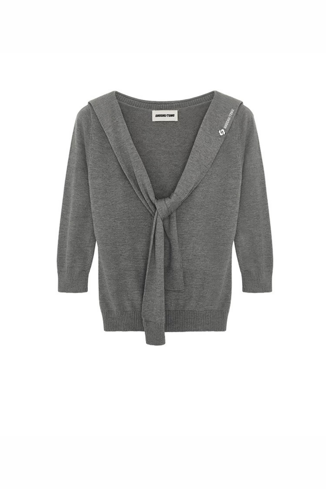 SHUSHU/TONG LACE UP KNIT TOP_GREY