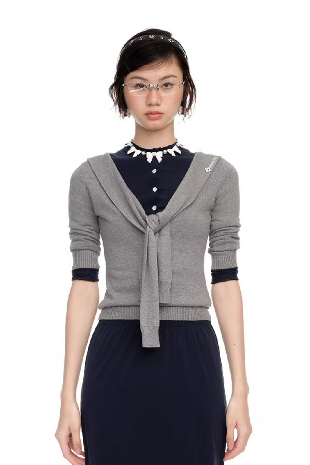 SHUSHU/TONG LACE UP KNIT TOP_GREY