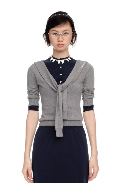 SHUSHU/TONG LACE UP KNIT TOP_GREY