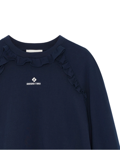 SHUSHU/TONG RUFFLE TRIM COTTON LONG SLEEVE TOP_NAVY