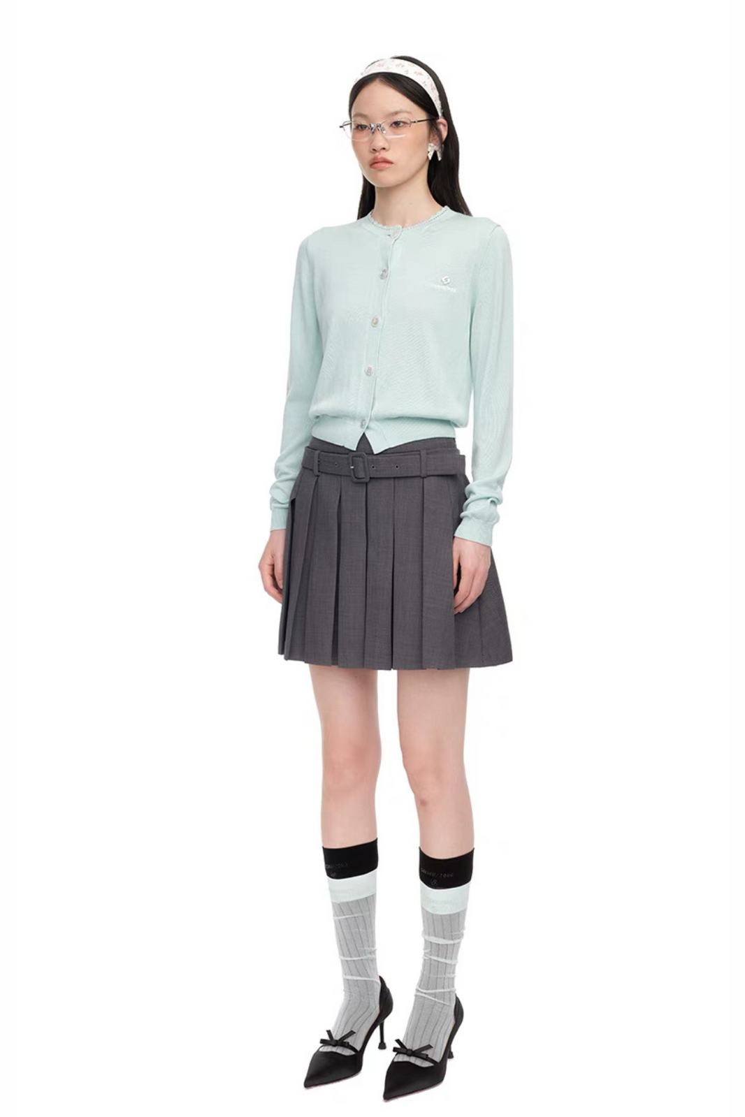 SHUSHU/TONG BELT-EMBELLISHED PLEATED SKIRT_GREY