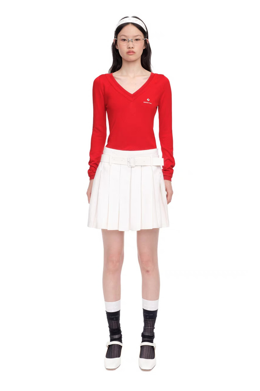 SHUSHU/TONG BELT-EMBELLISHED PLEATED SKIRT_WHITE