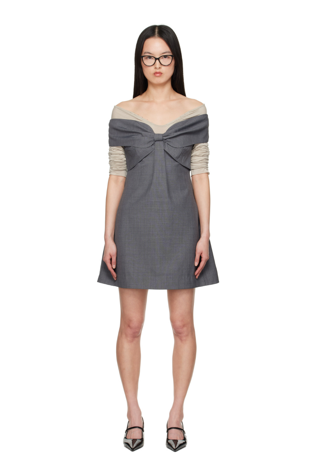 SHUSHU/TONG BOW OFF SHOULDER DRESS_GREY