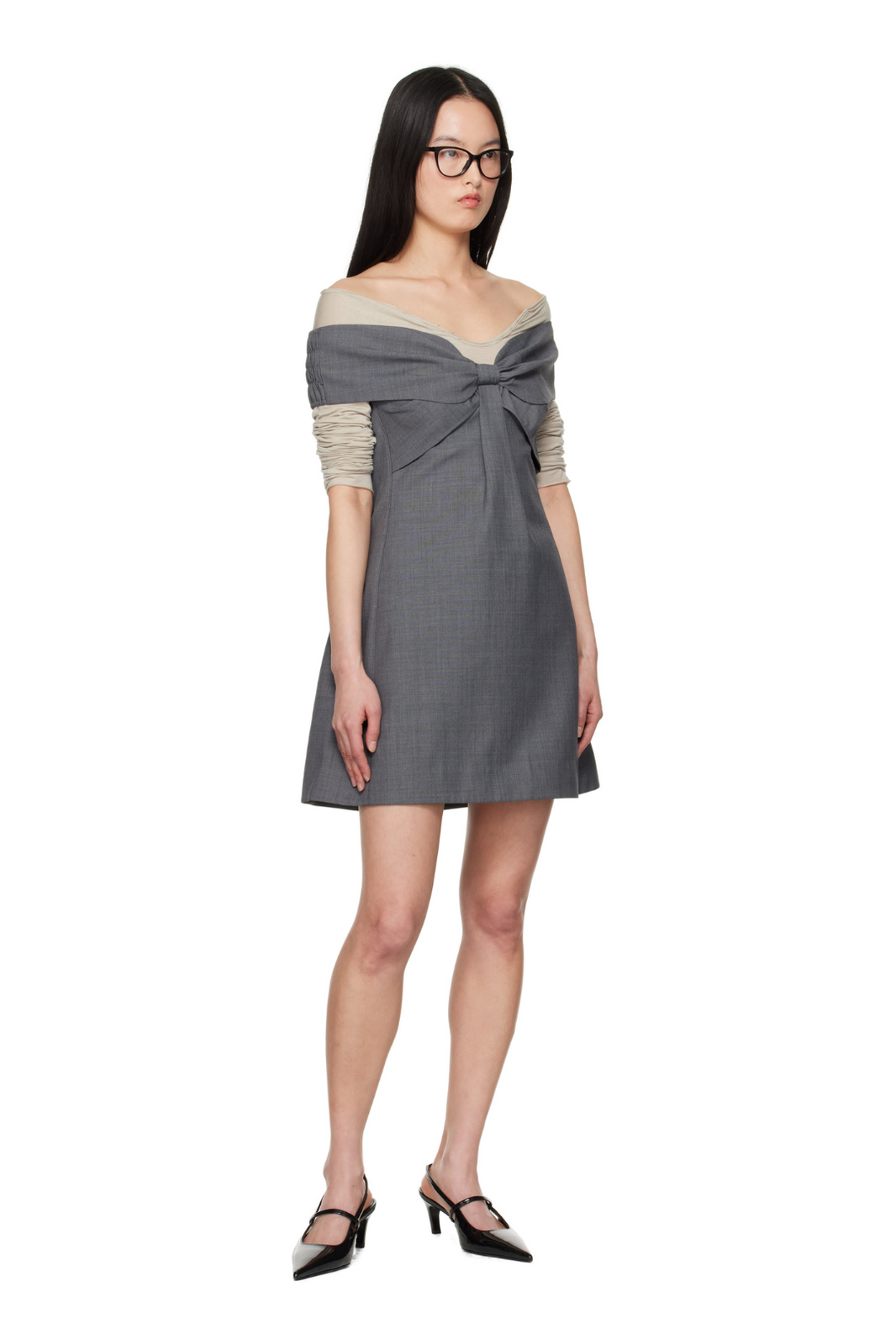 SHUSHU/TONG BOW OFF SHOULDER DRESS_GREY