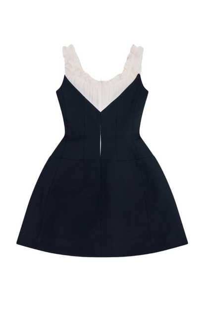 SHUSHU/TONG PATCHWORK PLEATED COLLAR DRESS_NAVY