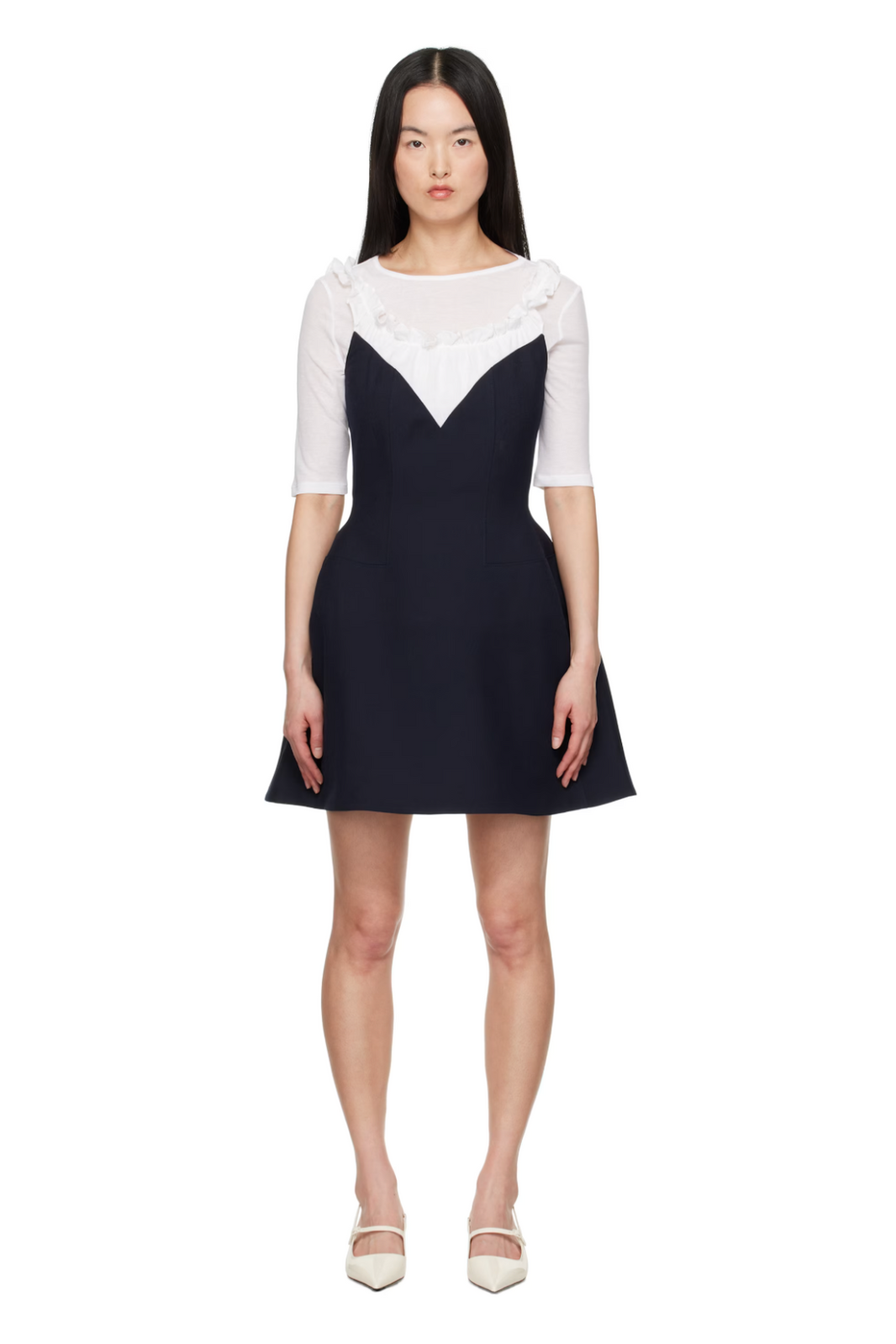 SHUSHU/TONG PATCHWORK PLEATED COLLAR DRESS_NAVY