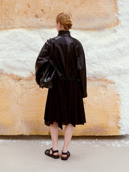LOW CLASSIC STAND COLLAR LEATHER JUMPER_BLACK