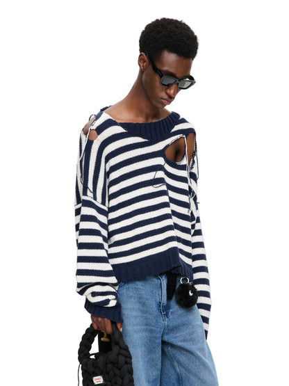 CHARLES JEFFREY LOVERBOY SLASH STRIPE SWEATER IN NAVY ECRU STRIPE