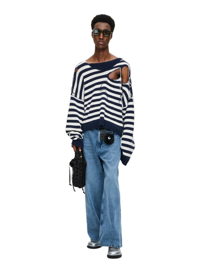 CHARLES JEFFREY LOVERBOY SLASH STRIPE SWEATER IN NAVY ECRU STRIPE