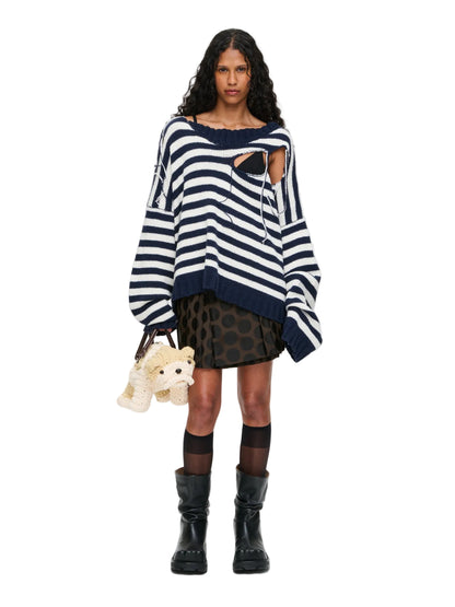 CHARLES JEFFREY LOVERBOY SLASH STRIPE SWEATER IN NAVY ECRU STRIPE
