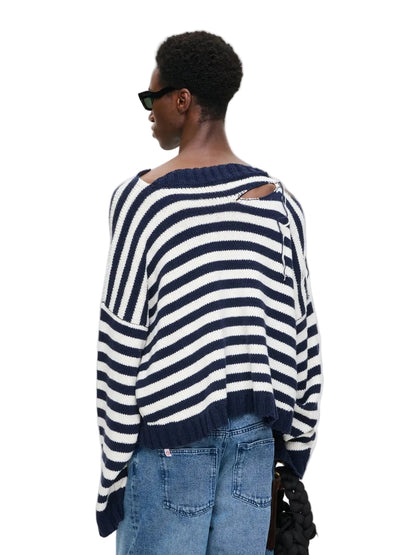 CHARLES JEFFREY LOVERBOY SLASH STRIPE SWEATER IN NAVY ECRU STRIPE