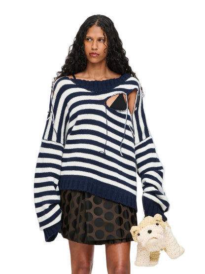 CHARLES JEFFREY LOVERBOY SLASH STRIPE SWEATER IN NAVY ECRU STRIPE