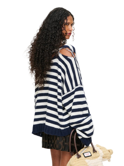 CHARLES JEFFREY LOVERBOY SLASH STRIPE SWEATER IN NAVY ECRU STRIPE