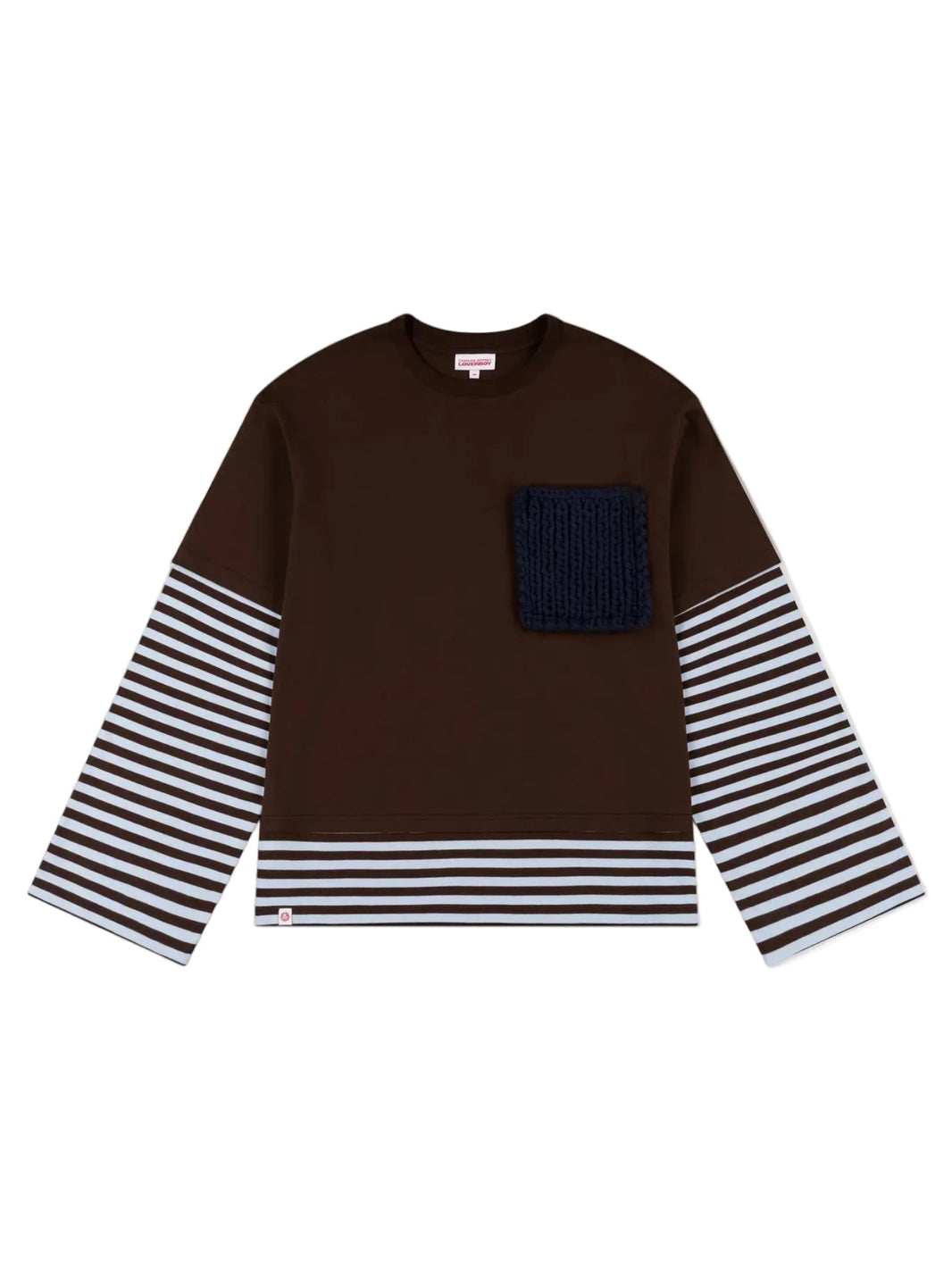 CHARLES JEFFREY LOVERBOY LONG SLEEVE 2-IN-1 TEE WITH KNIT PATCH IN BROWN STRIPE