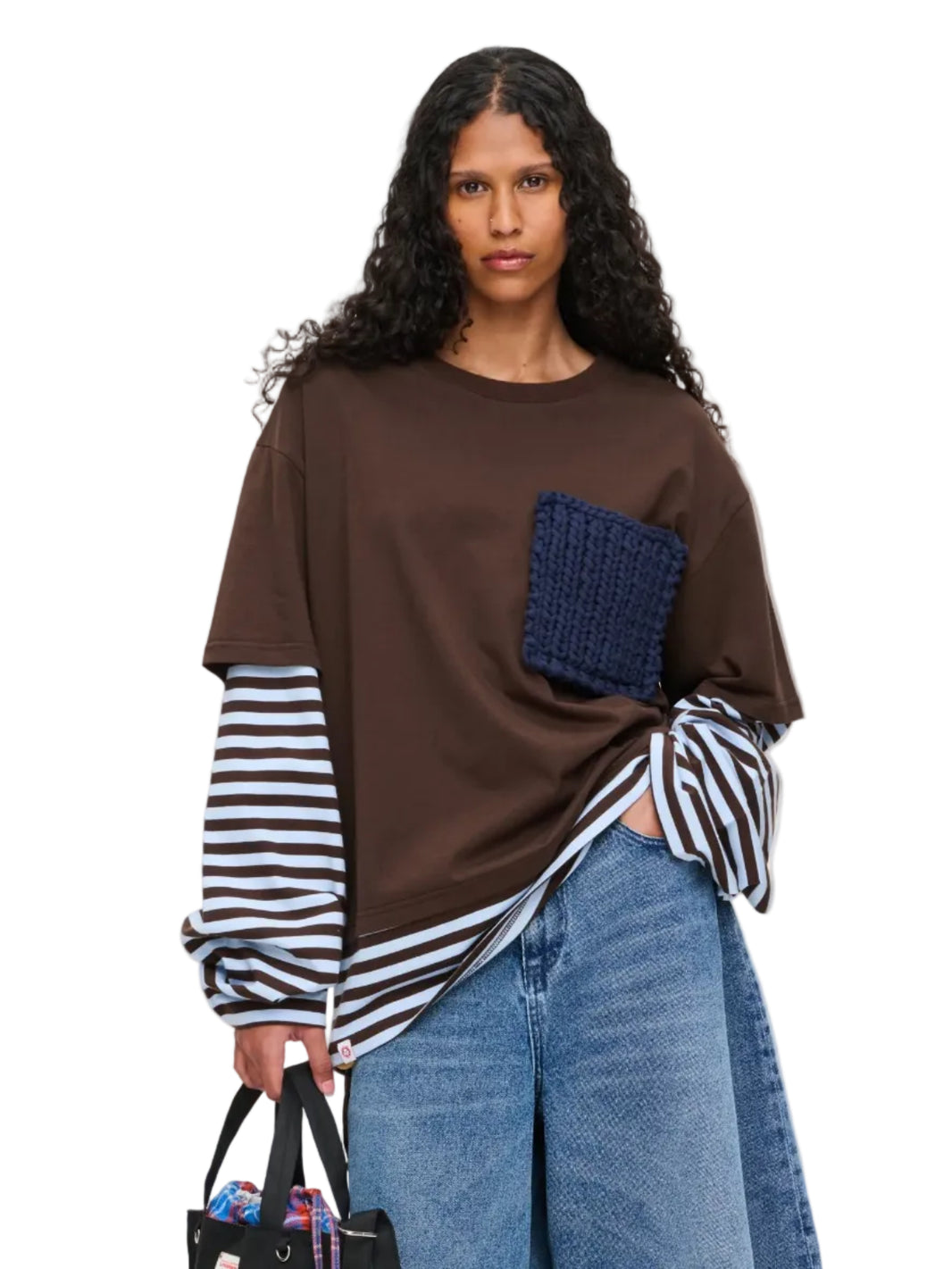 CHARLES JEFFREY LOVERBOY LONG SLEEVE 2-IN-1 TEE WITH KNIT PATCH IN BROWN STRIPE