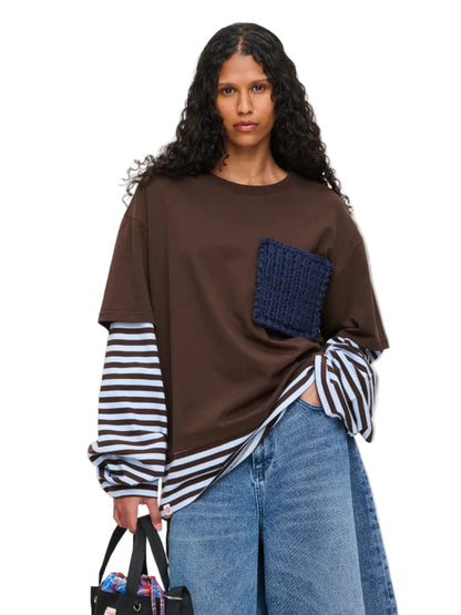 CHARLES JEFFREY LOVERBOY LONG SLEEVE 2-IN-1 TEE WITH KNIT PATCH IN BROWN STRIPE