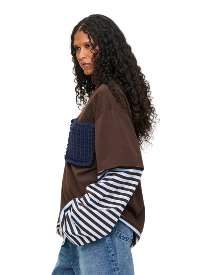 CHARLES JEFFREY LOVERBOY LONG SLEEVE 2-IN-1 TEE WITH KNIT PATCH IN BROWN STRIPE