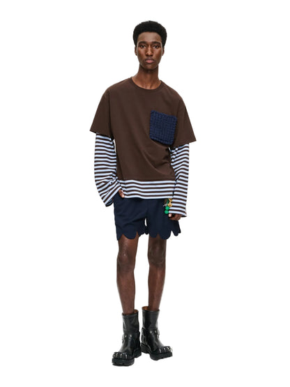 CHARLES JEFFREY LOVERBOY LONG SLEEVE 2-IN-1 TEE WITH KNIT PATCH IN BROWN STRIPE