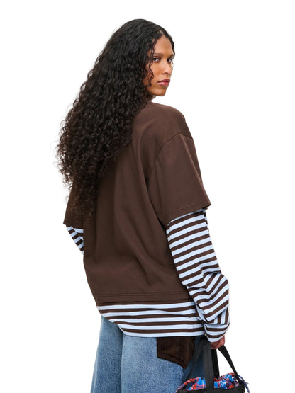 CHARLES JEFFREY LOVERBOY LONG SLEEVE 2-IN-1 TEE WITH KNIT PATCH IN BROWN STRIPE