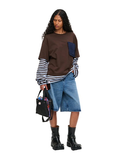 CHARLES JEFFREY LOVERBOY LONG SLEEVE 2-IN-1 TEE WITH KNIT PATCH IN BROWN STRIPE