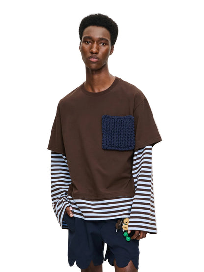 CHARLES JEFFREY LOVERBOY LONG SLEEVE 2-IN-1 TEE WITH KNIT PATCH IN BROWN STRIPE