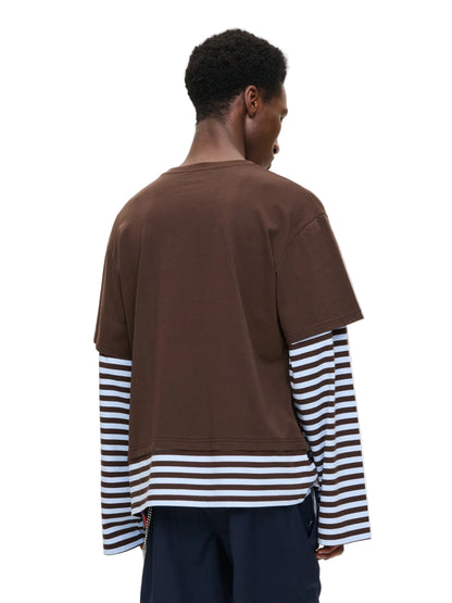 CHARLES JEFFREY LOVERBOY LONG SLEEVE 2-IN-1 TEE WITH KNIT PATCH IN BROWN STRIPE