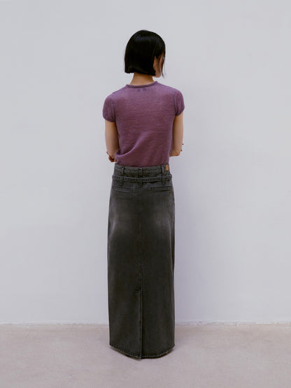 LOW CLASSIC BELTED HIGH WAIST DENIM SKIRT_GREY