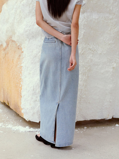 LOW CLASSIC BELTED HIGH WAIST DENIM SKIRT_BLUE