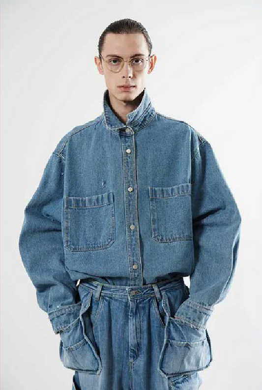 Hed Mayner Destroyed Denim Shirt Blue