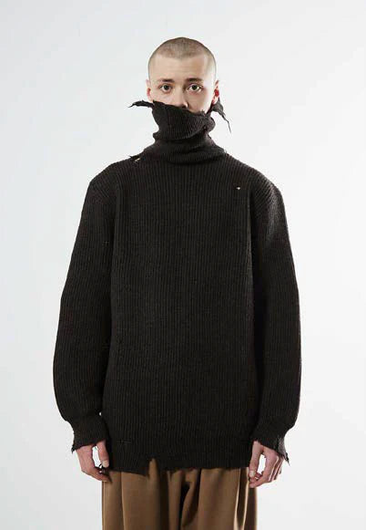 Hed Mayner Destroyed Turtleneck Sweater Dark Brown