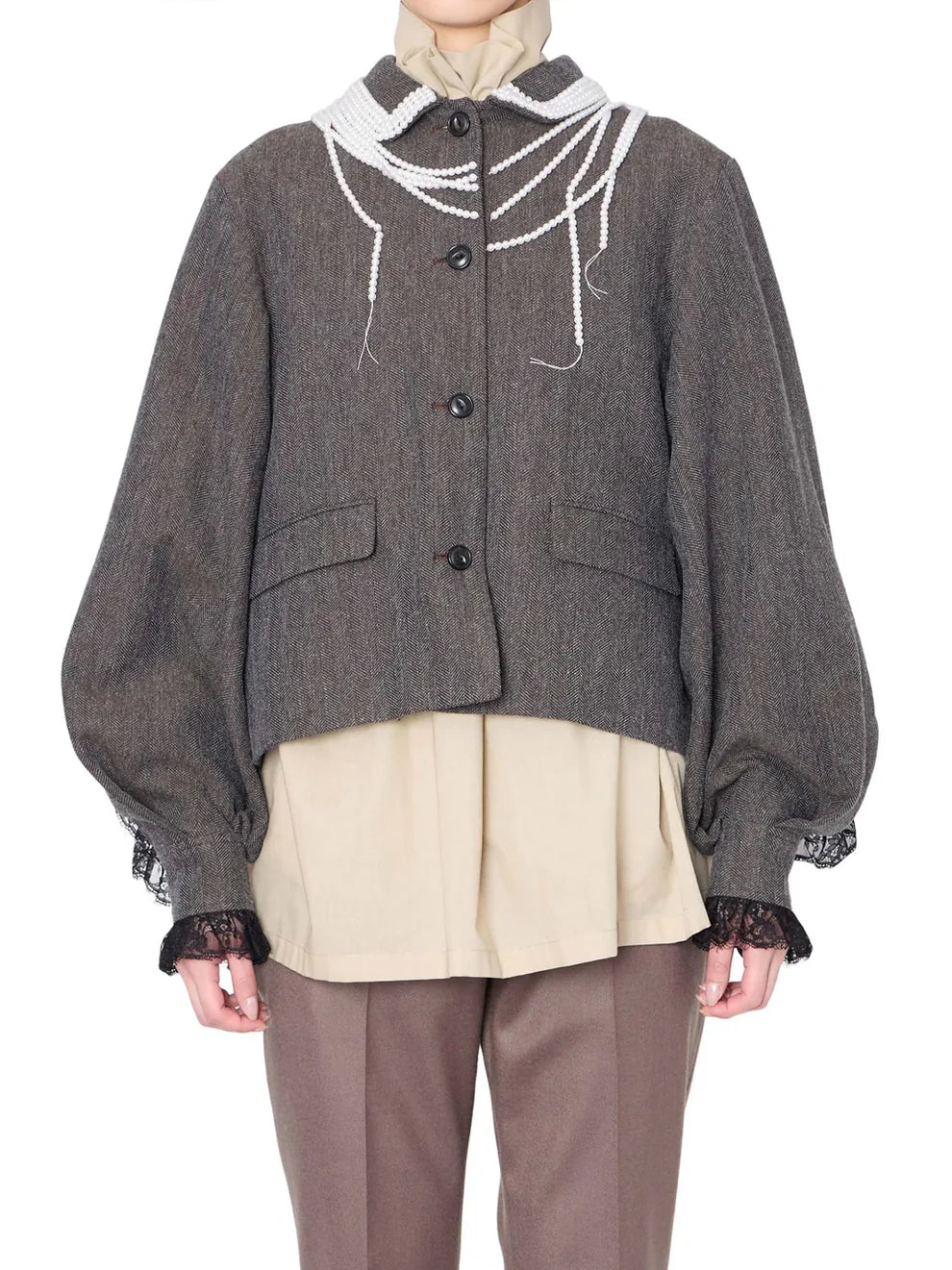 PEARL-DRAPED HERRINGBONE CROPPED JACKET