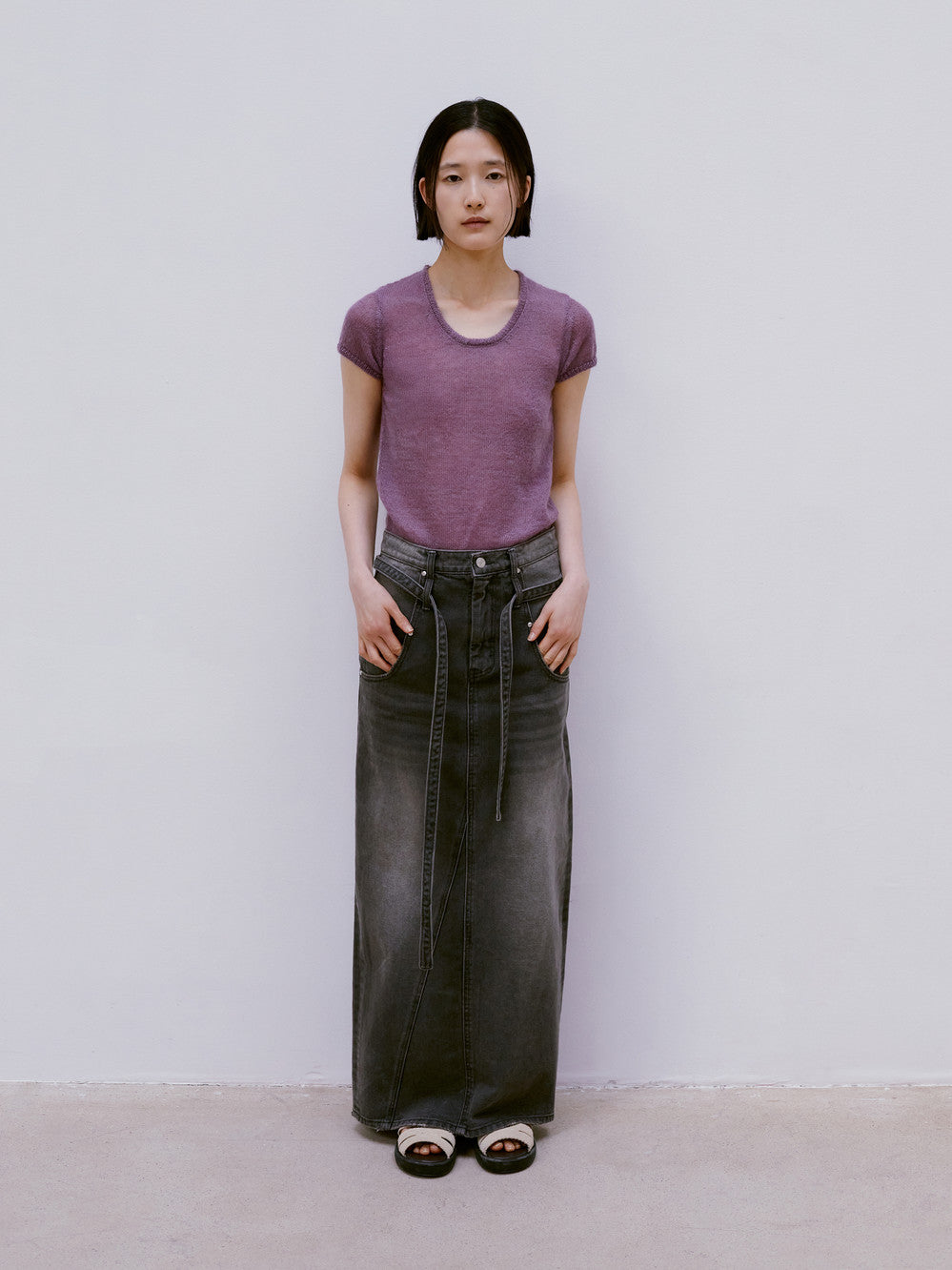 LOW CLASSIC BELTED HIGH WAIST DENIM SKIRT_GREY