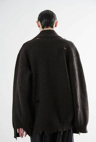 Hed Mayner Destroyed Shawl Collar Sweater Dark Brown