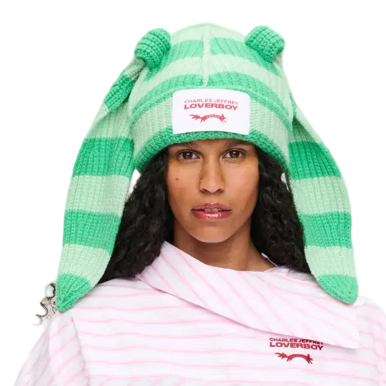 CHARLES JEFFREY LOVERBOY CHUNKY RABBIT BEANIE_GREEN STRIPE