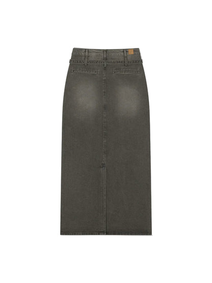 LOW CLASSIC BELTED HIGH WAIST DENIM SKIRT_GREY