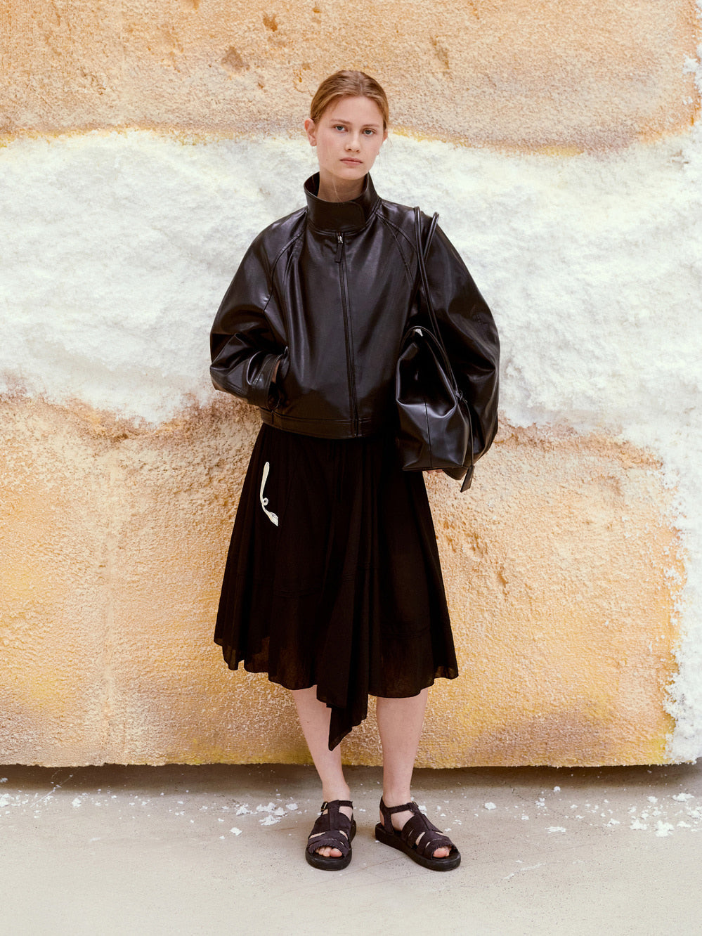 LOW CLASSIC STAND COLLAR LEATHER JUMPER_BLACK