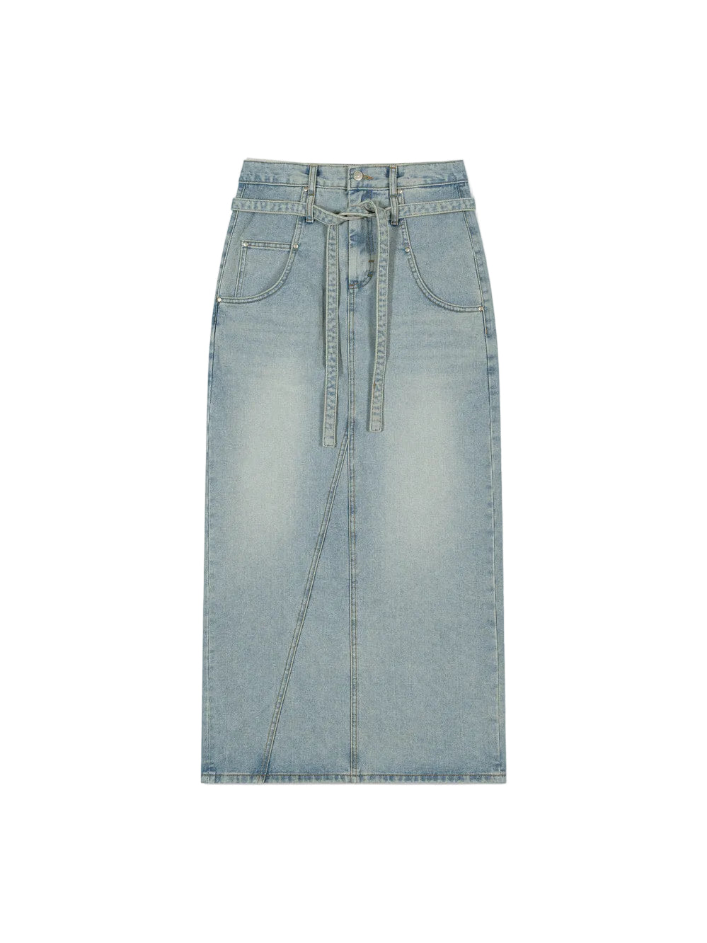 LOW CLASSIC BELTED HIGH WAIST DENIM SKIRT_BLUE
