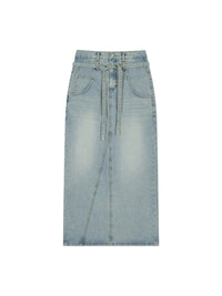 LOW CLASSIC BELTED HIGH WAIST DENIM SKIRT_BLUE