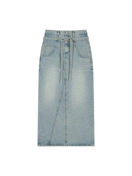 LOW CLASSIC BELTED HIGH WAIST DENIM SKIRT_BLUE