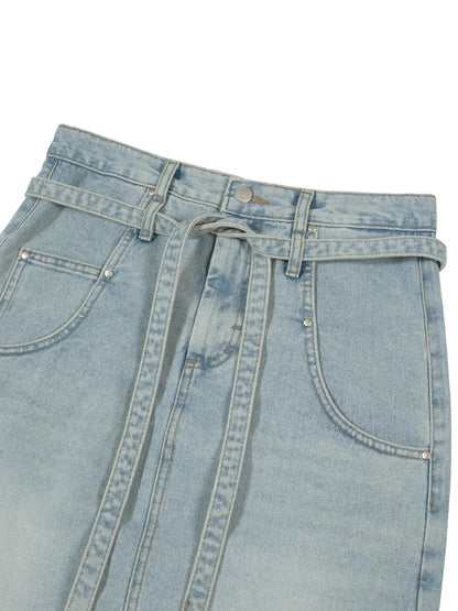 LOW CLASSIC BELTED HIGH WAIST DENIM SKIRT_BLUE