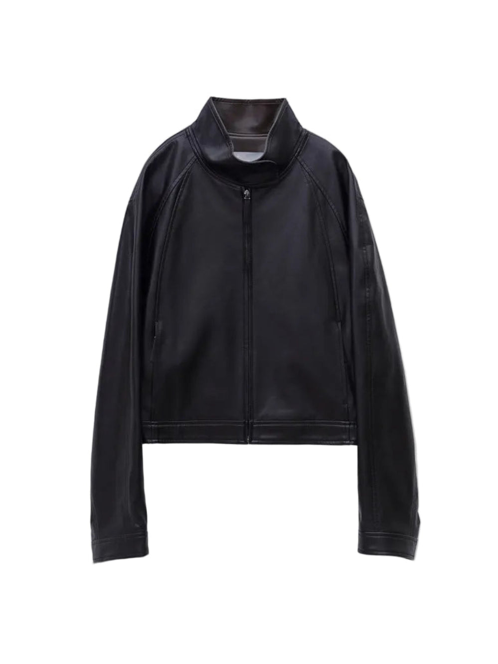 LOW CLASSIC STAND COLLAR LEATHER JUMPER_BLACK