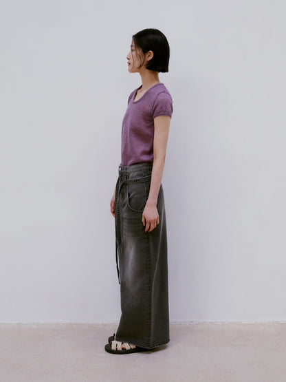 LOW CLASSIC BELTED HIGH WAIST DENIM SKIRT_GREY